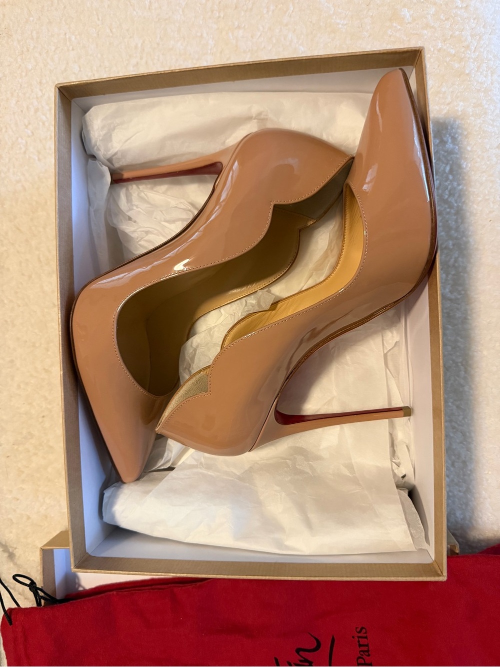 Christian Louboutin Nude Patent Scalloped Stiletto Pumps